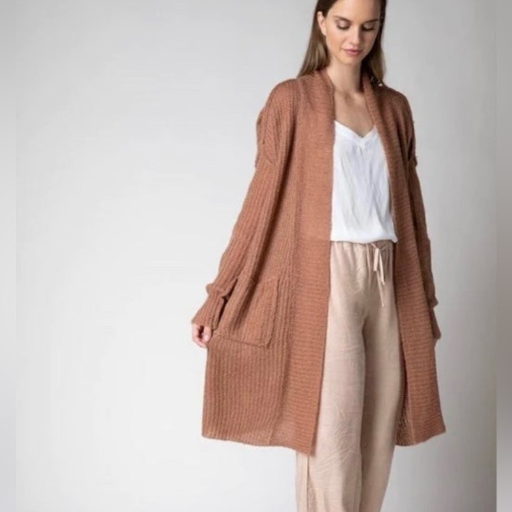Beautiful Long Waffle Knit Open Cardigan Sweater